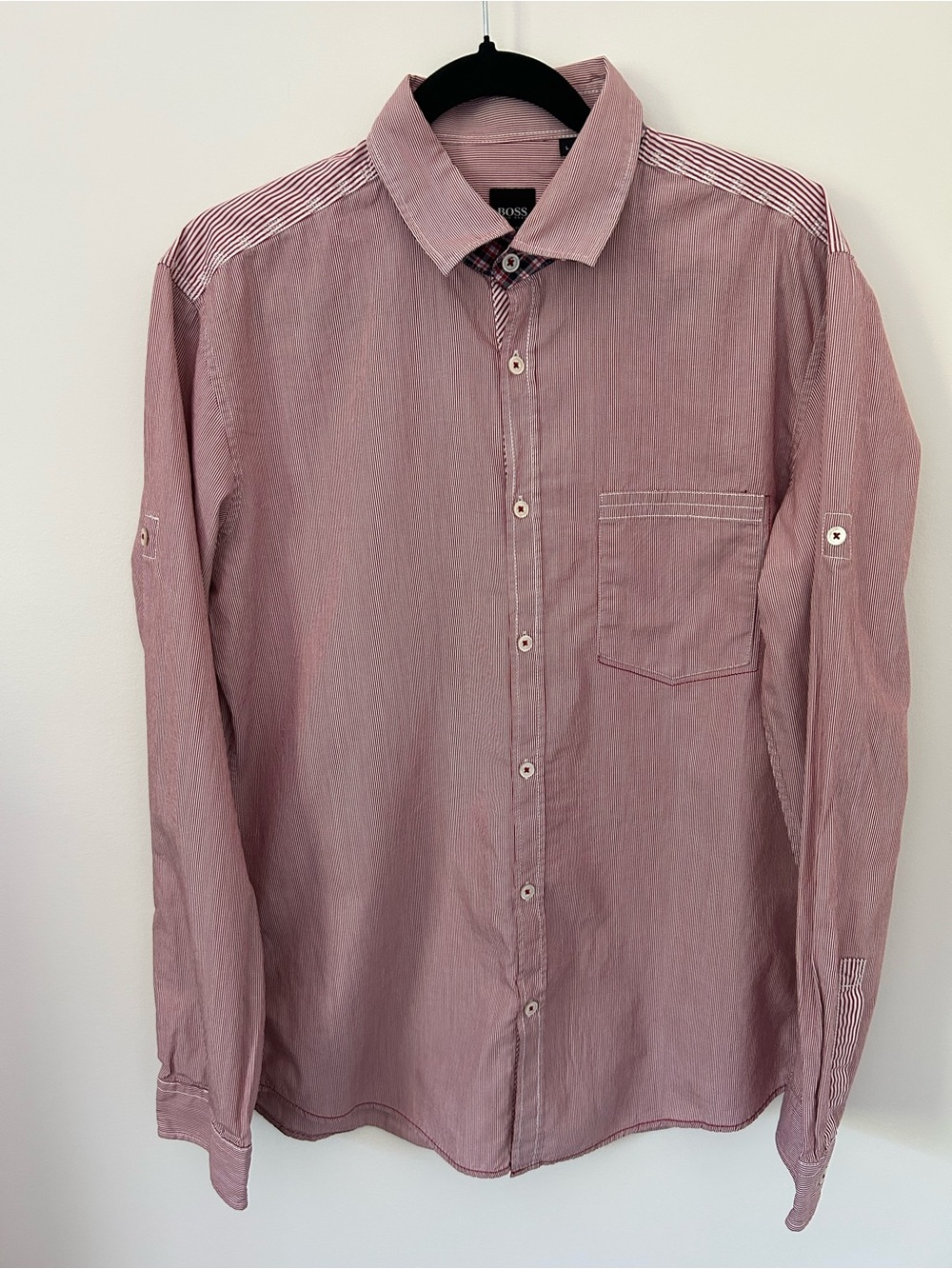 BOSS Men's Button-Down Shirt in Dusty Rose with Striped Shoulder Detail